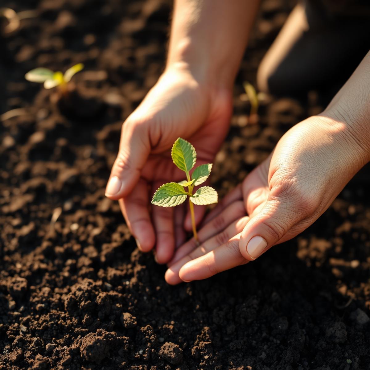Hands planting a seedling in soil