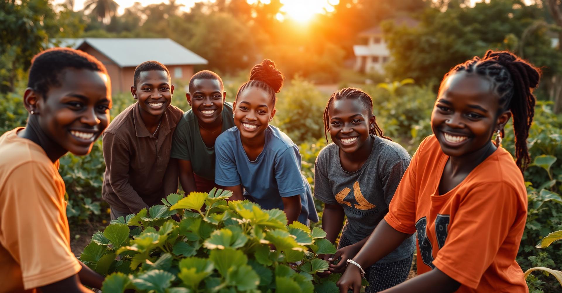 Youth working together in a community garden at sunset